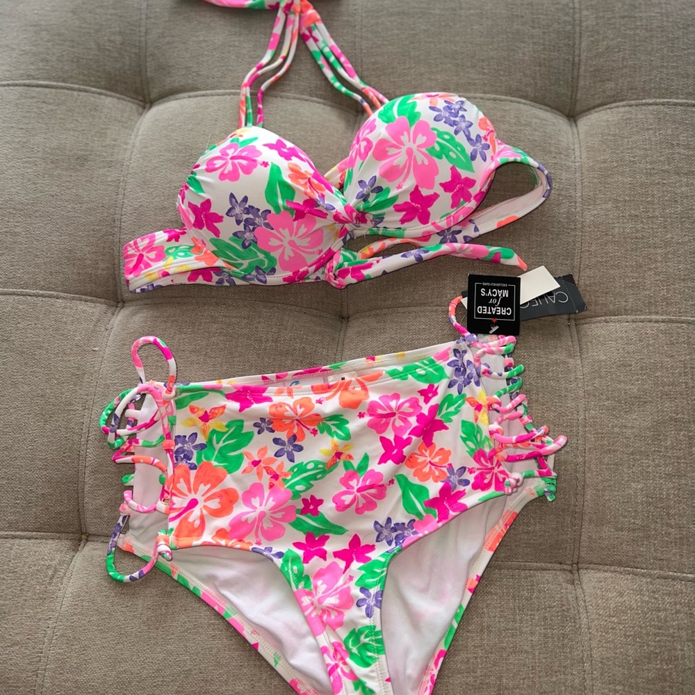 California Waves Pink and Green Bikini with Tropical Print